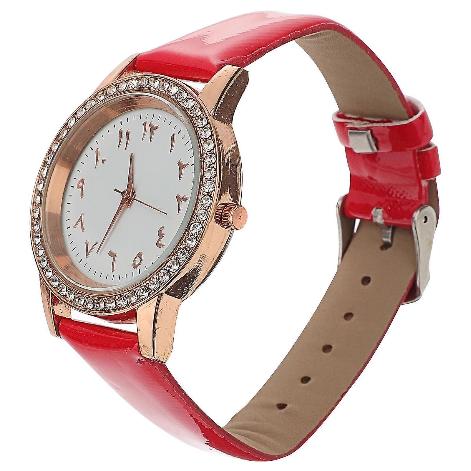 Women's Fashion Diamond Watch with PU Strap Red Color Casual Use Lightweight Design Fits Most Wrists Adjustable
