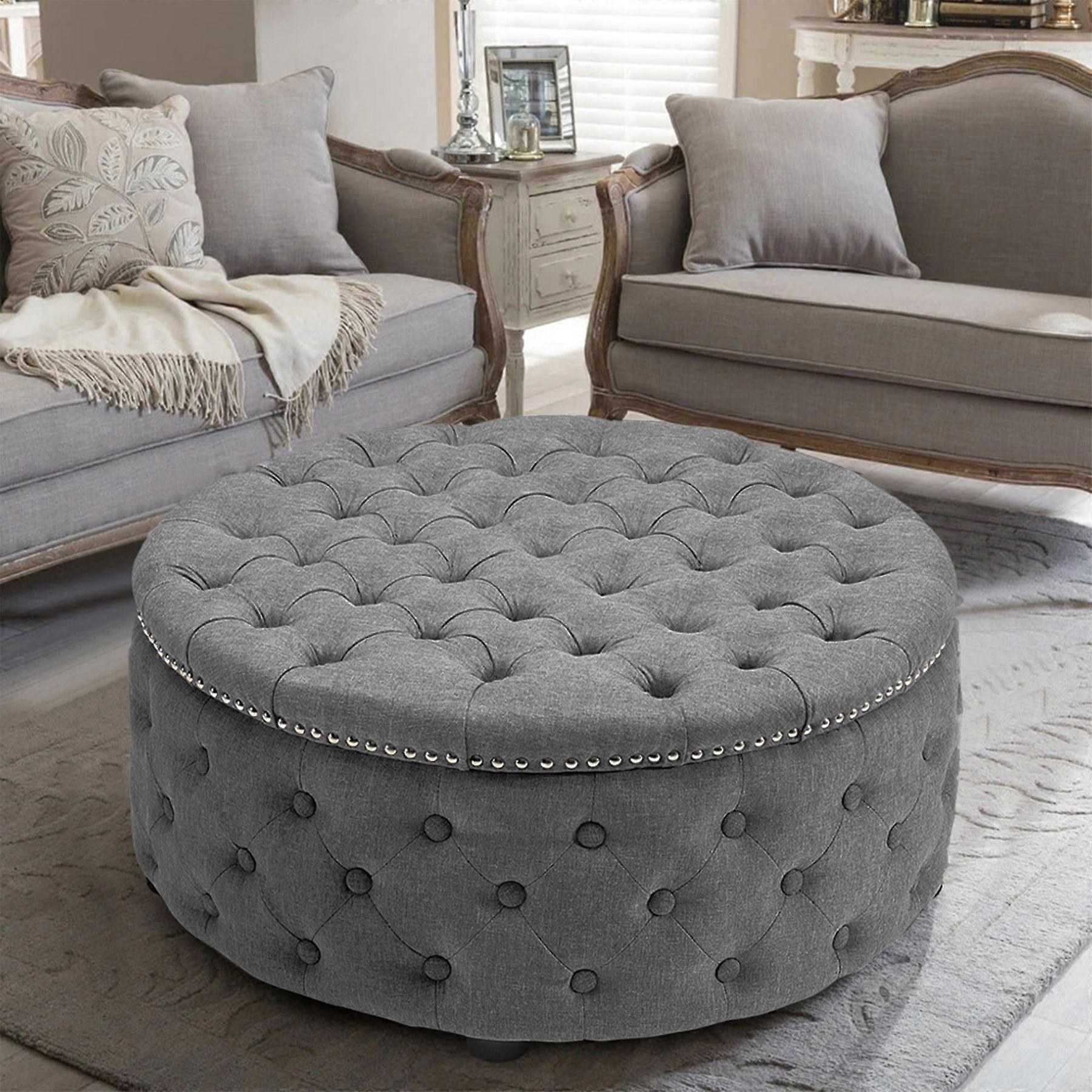 Round Linen Deep Buttoned Ottoman with Studded Edge,Grey