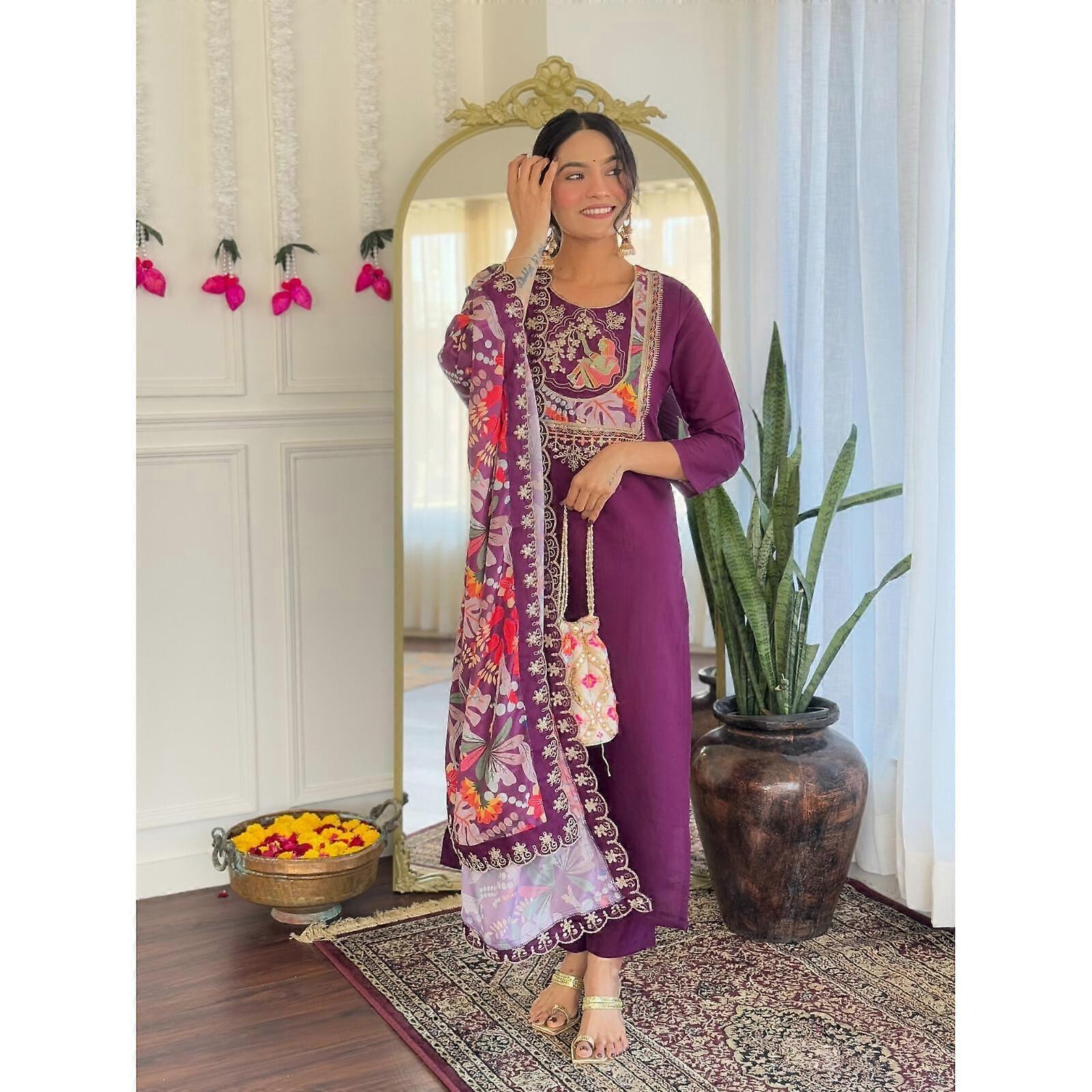 Kobiety Bollywood Chanderi Kurti Projektant Top Tunika Kurta Pant Dupatta Set Sukienka SC-2291