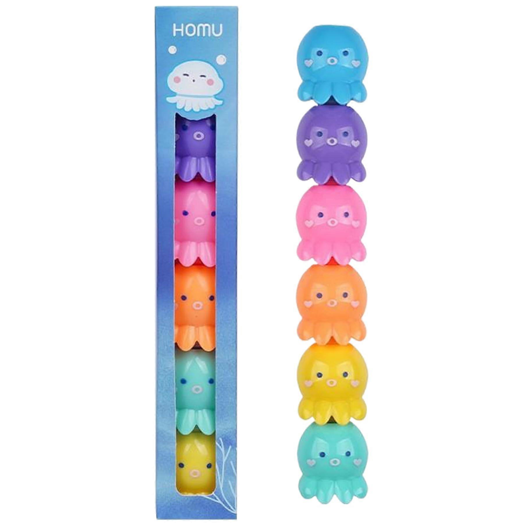 6 Pieces Mini Multicoloured Highlighter Set, Stackable Kawaii Octopus Design, 8.1 Inch Pastel Highlighters for School Office