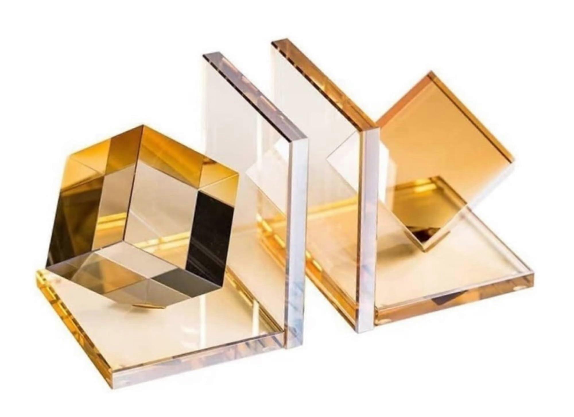 Non-Slip Bookends, Modern Geometric Cube Design, Amber Crystal Decorative Book Holders for Stylish Desktop Organization