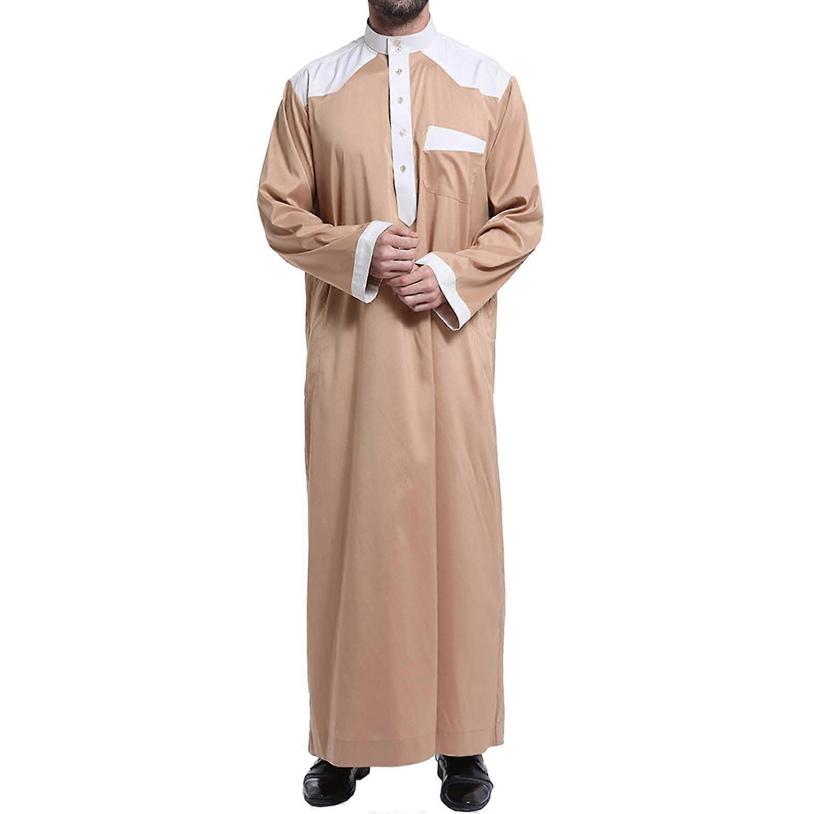 Men's Kaftan Summer Henley ButtonDown Long Sleeve Robe L Khaki