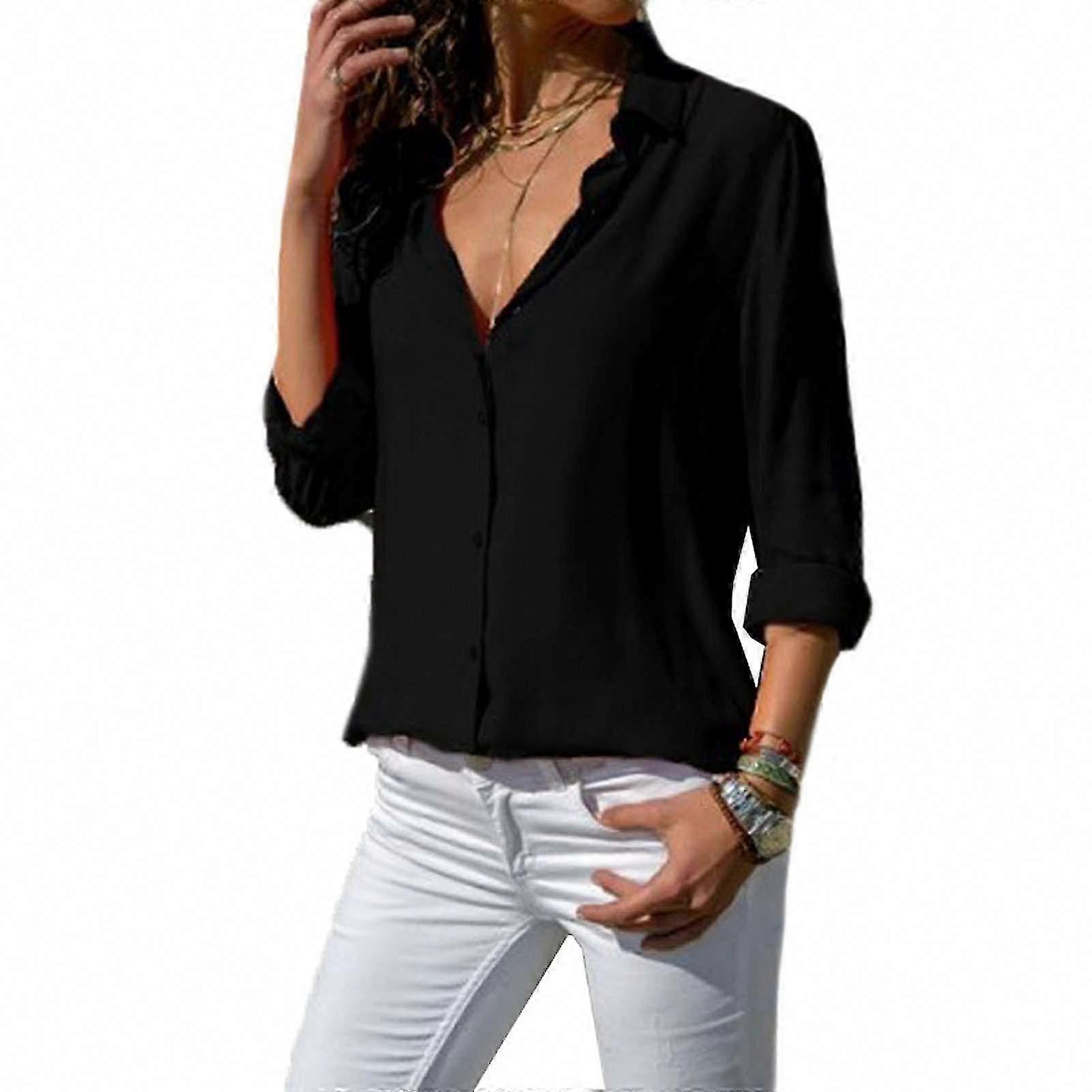 Women's Long Sleeve Solid Button Down Lapel Shirt - MXBC