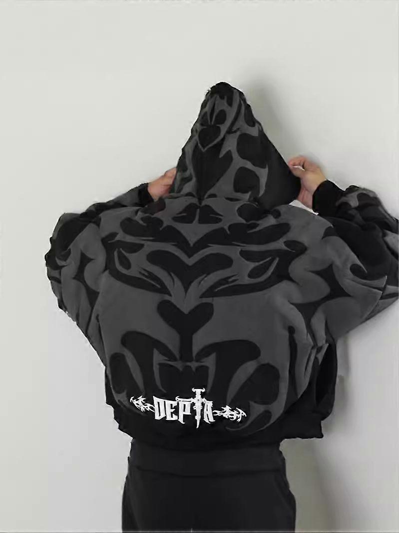 Gothic Print Zip Up Hoodie Dark Streetwear Pullover with Drawstring