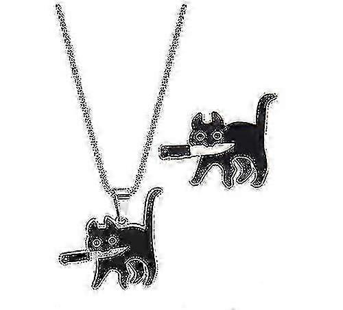 Zwarte Kat Mes Ketting & Broche Set - Killer Cat Hanger