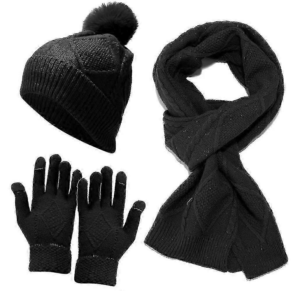 3pcs/set Chapéu Luvas de Cachecol Inverno Quente Beanie Chapéu Cabo de Malha Longo Cachecol Luvas de Cachecol Longo