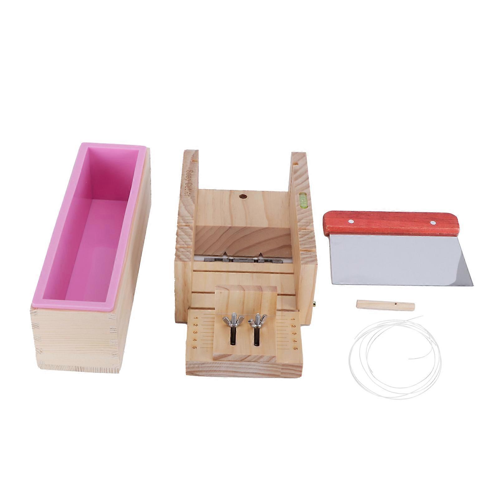 DIY Handmade Soap Making Tools Set with Pink Strip Mold, Rectangular Cutter, and 2 Knives for Home Use