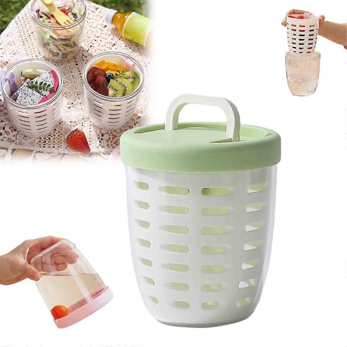 650ml Fruit Cup with Strainer,Leak-Proof, Protable Salad Container Includes Fork,Sealed Leak-Proof Salad Box Green
