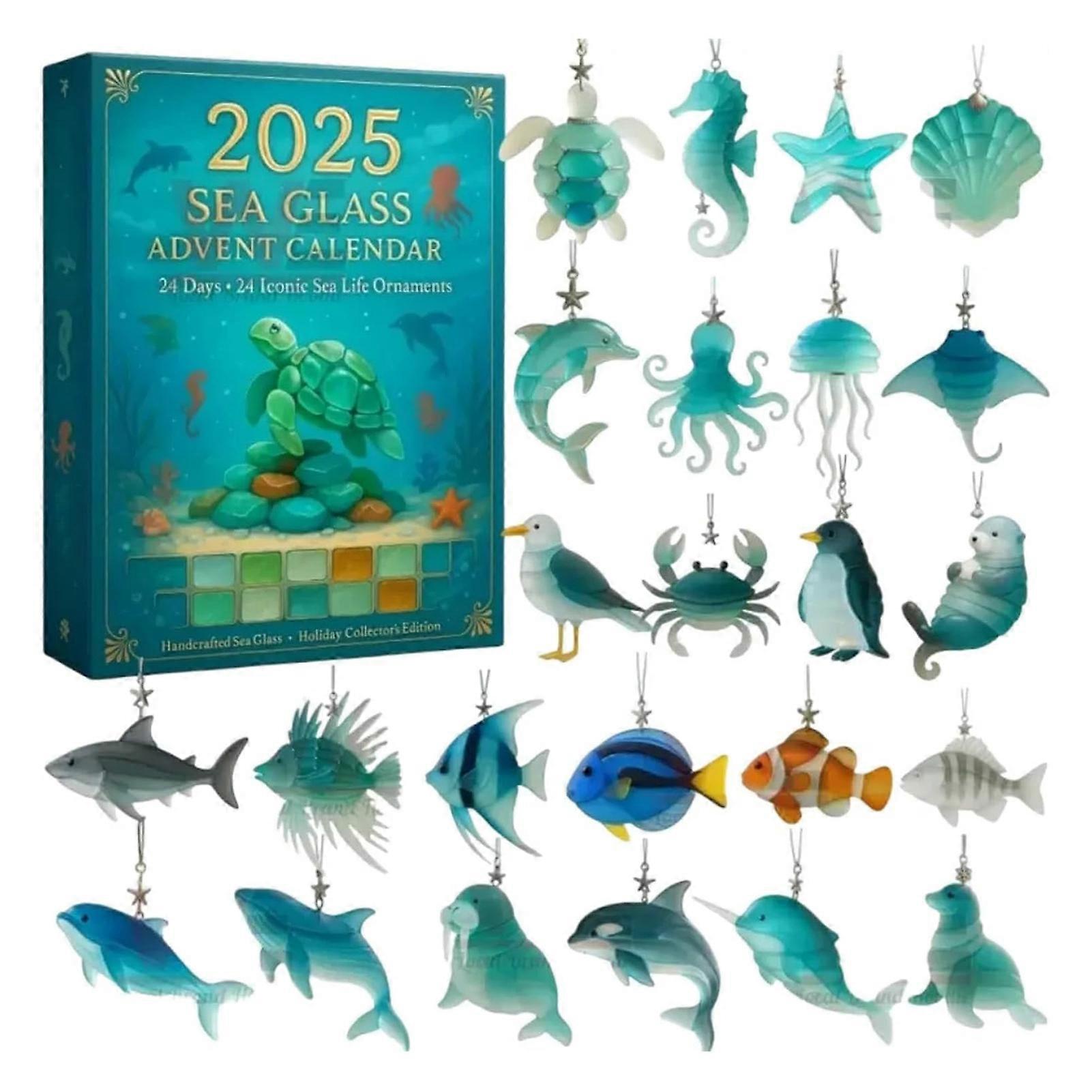 24 jours de surprises mystérieuses en 2D, calendrier de l'Avent 2025 sur le thème de la vie marine en verre de mer, compte à rebours de Noël sur le thème de l'océan, ornements pour sapin, manteau de cheminée, cadeaux