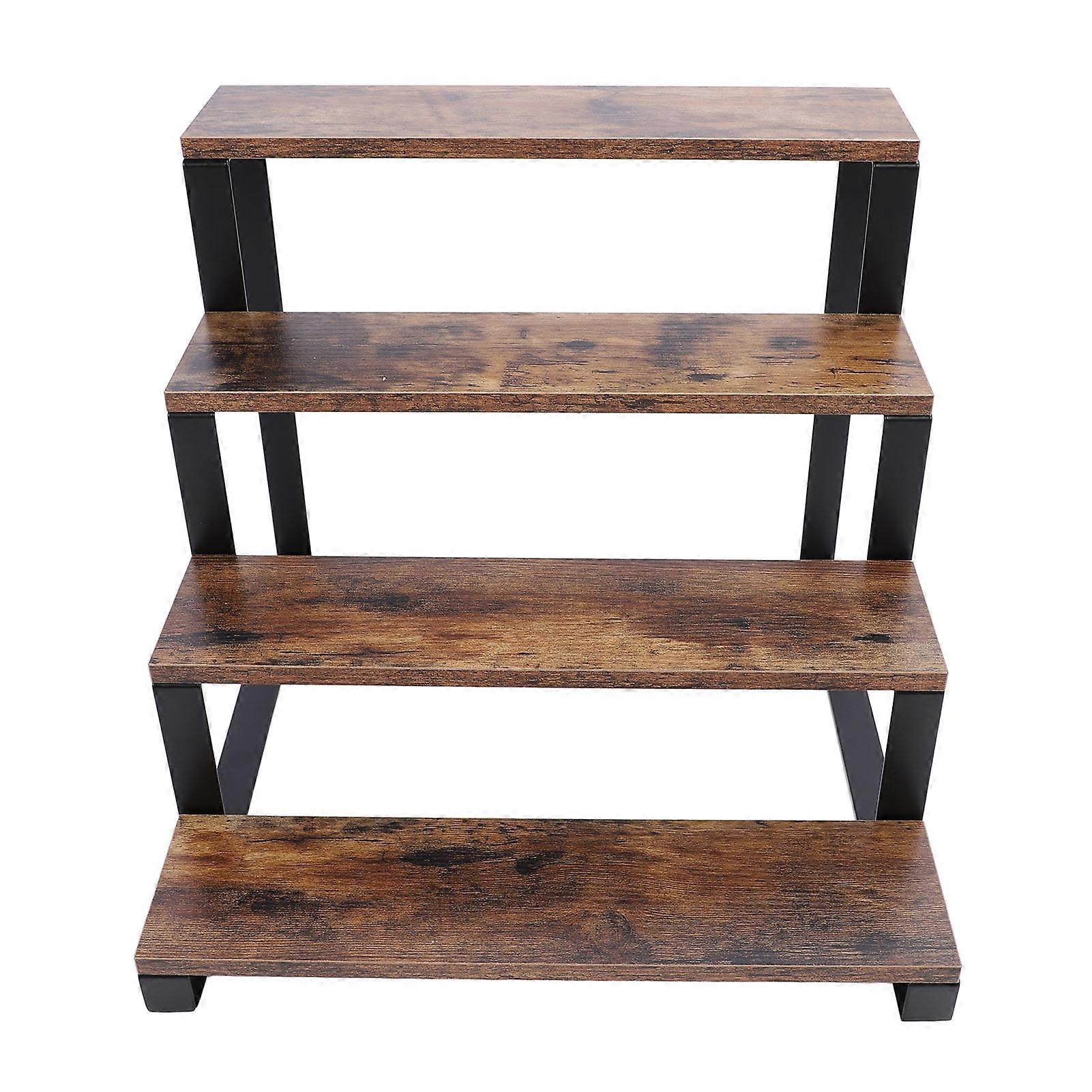 4 Tier Wooden Step Shelf Rustic Metal Frame Perfume Holder Display Riser Stand for Vendors Pop Figures Collectibles Storage 