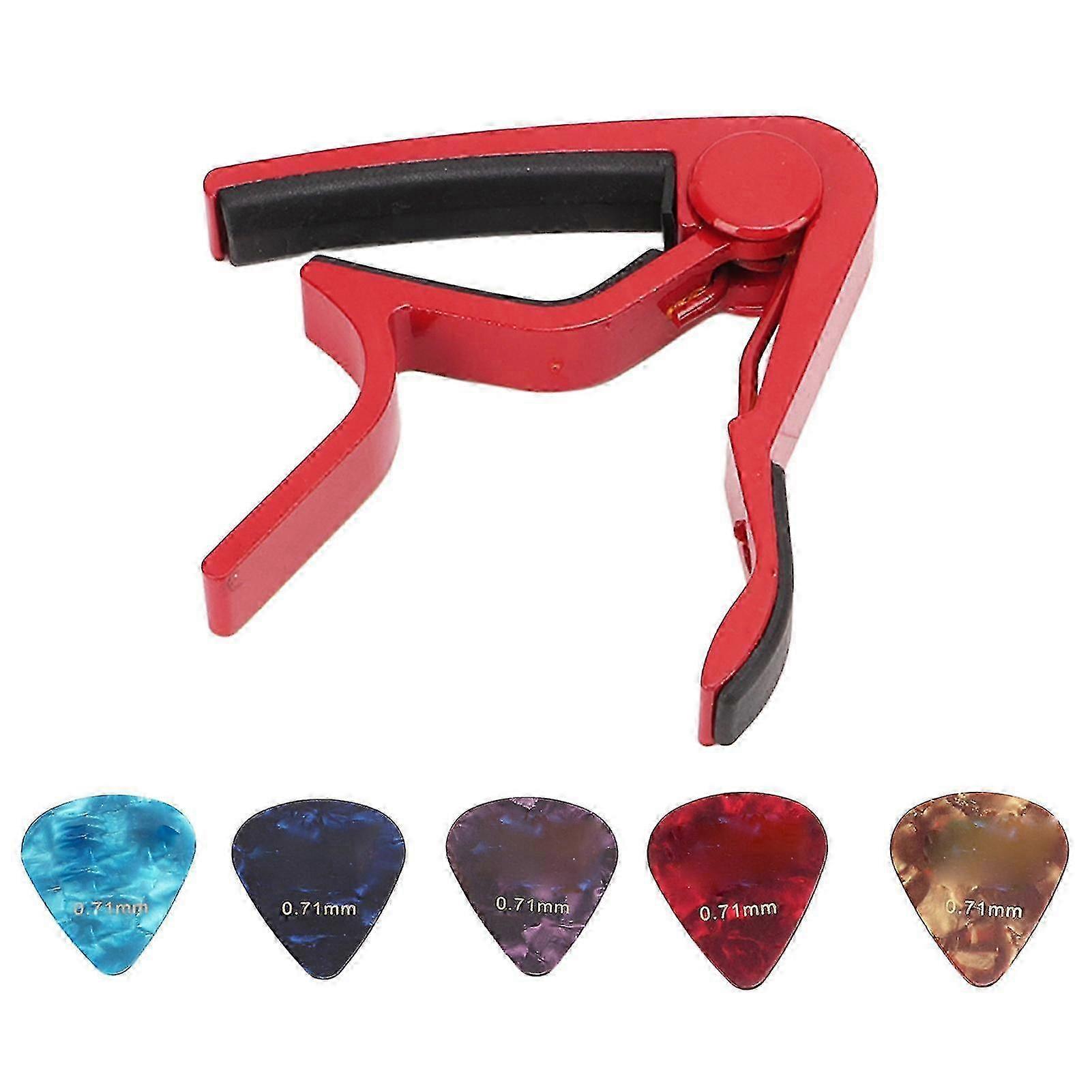 Guitar Capo, 2024 Strong Spring Scratch Resistant High Hardness Alloy with 5 Picks Red