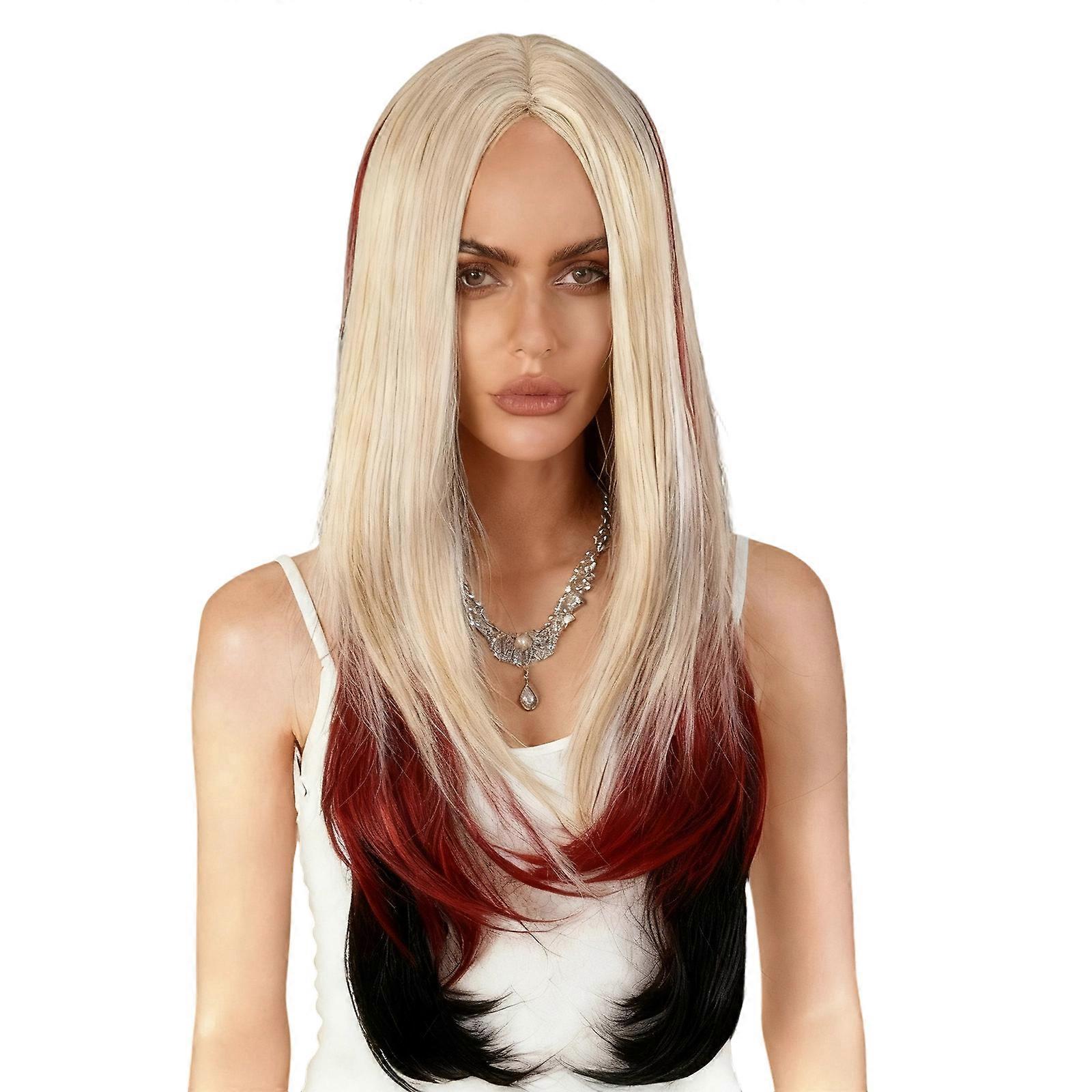 Full Cap Wigs Heat Resistant Fiber Highlighted Straight Hairpiece with Middle Part Design For Quick Morning Routine Multicolor