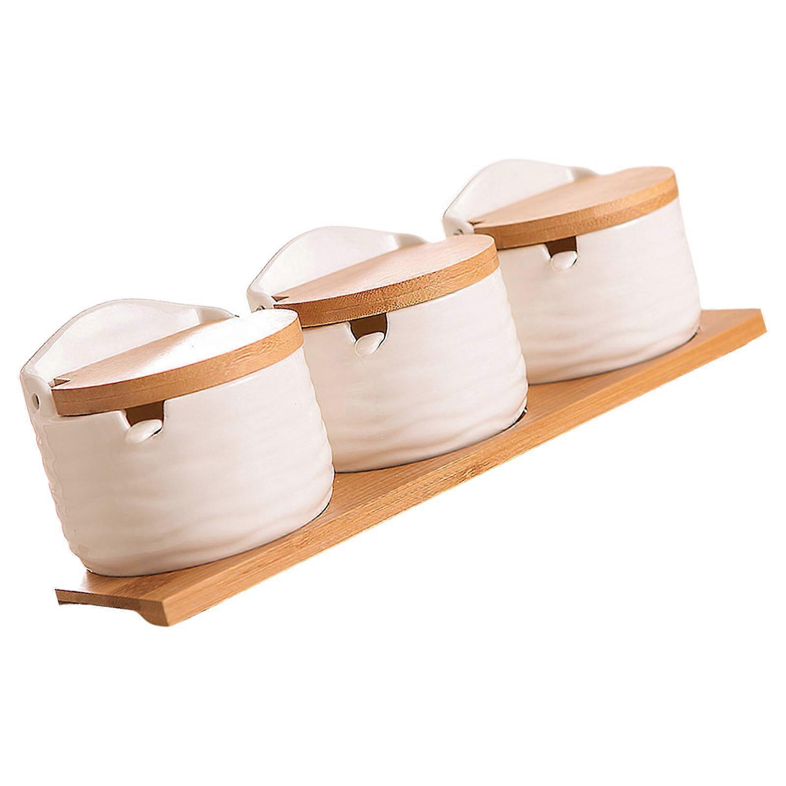 Practical Salt Storage Container with Spoon and Bamboos Lid Ceramic Sugar Bowl Seasoning Box for Cooking Enthusiasts Multicolor