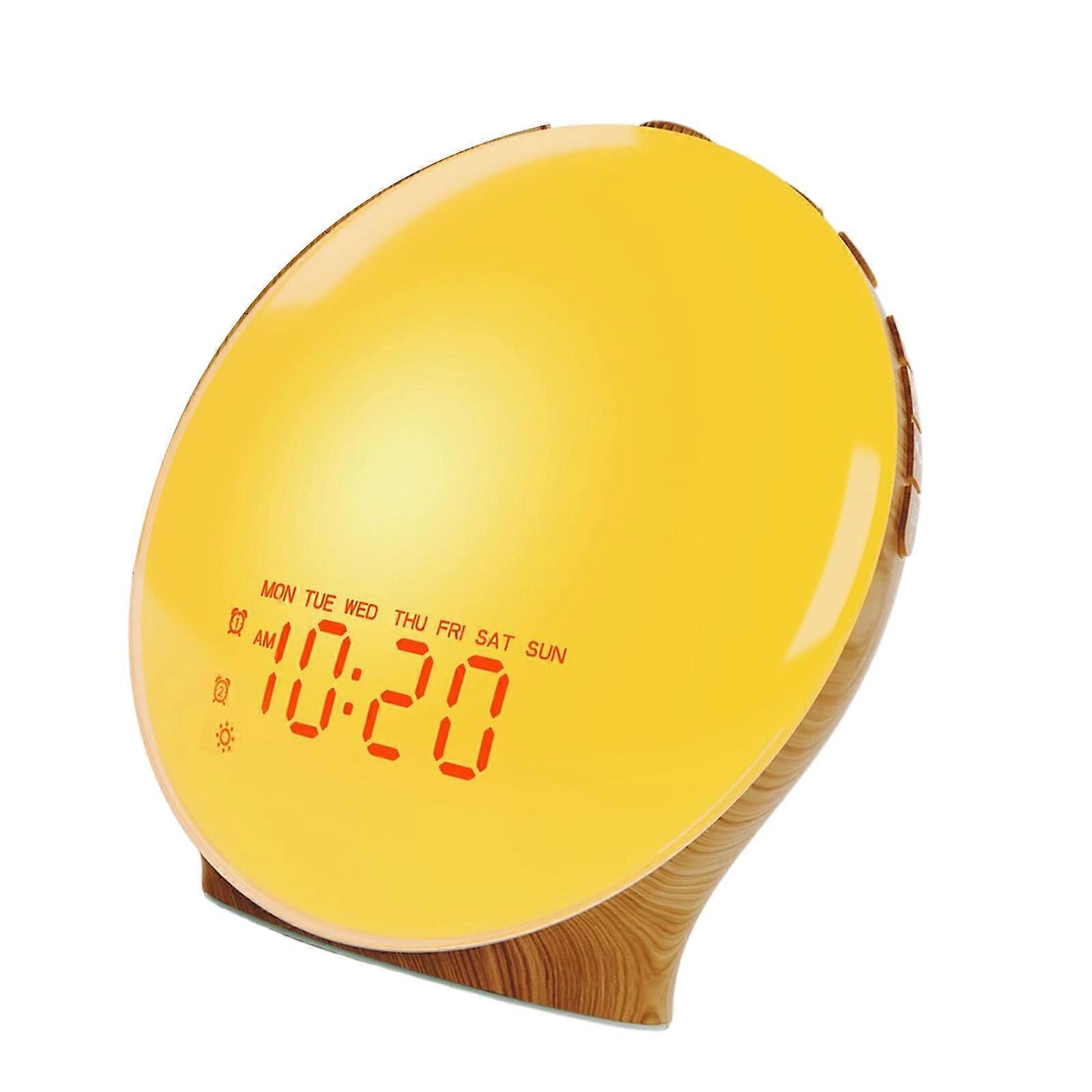 Multicolored Adjustable Full Screen LED Wake Up Lamp Sunrises Simulation Alarm Clock with Wood Grains for Home Decors Multicolor