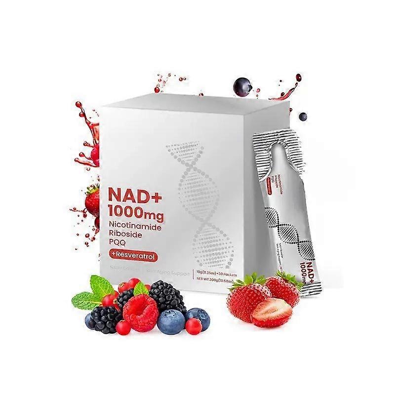 Quercetina, niacinamida, resveratrol e NAD+ combinados com diversas bebidas de NAD+ à base de frutos vermelhos.