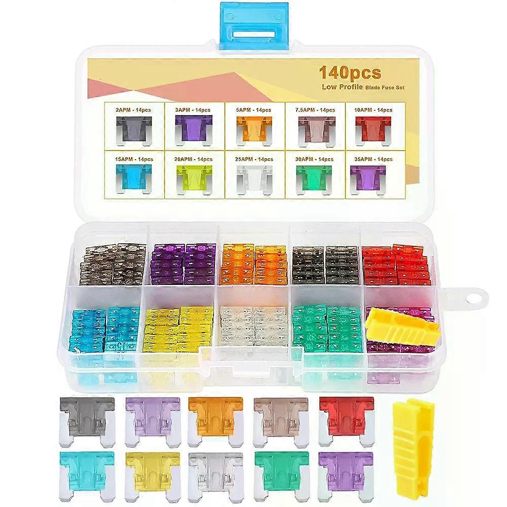 140Pcs Low Profile Mini Fuse Kit - Blade Fuses Assortment Kit for Truck, RV,Boat with Fuse Puller (2/3/5/7.5/10/15/20/25/30/35A)