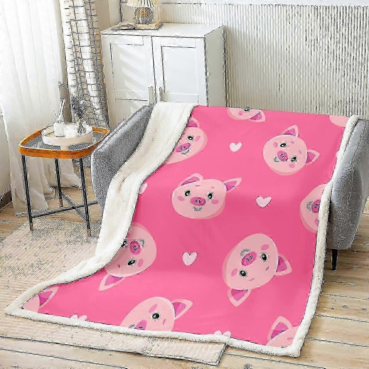 Cartoon Pig Pattern Fleece Blanket - Double Size, Soft & Warm for Animals Lovers