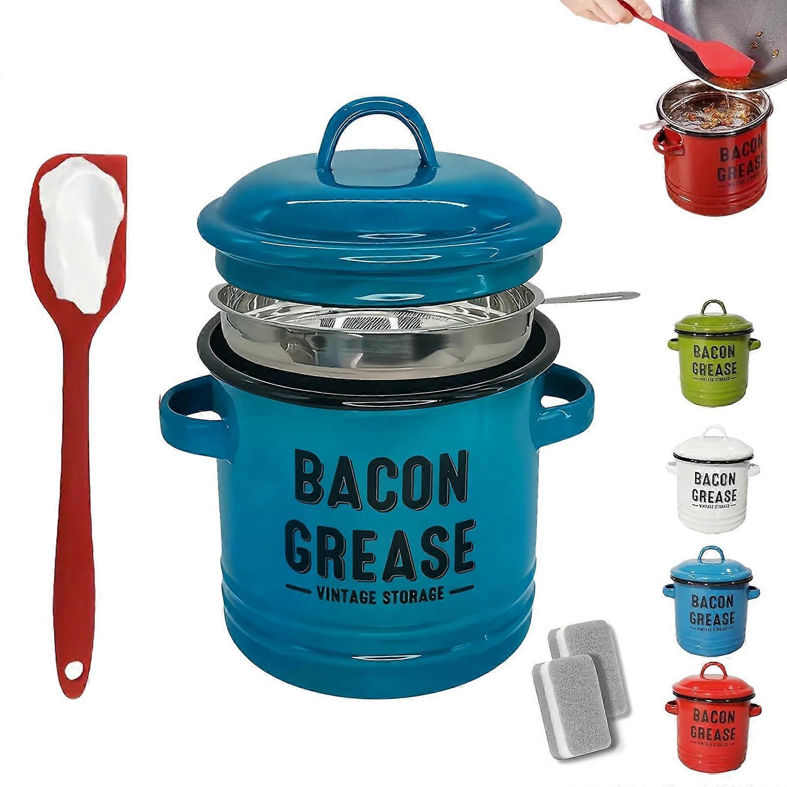 46 oz Bacon Grease Container with Strainer, Enamel Storage Pot, Silicone Spatula, Large Capacity