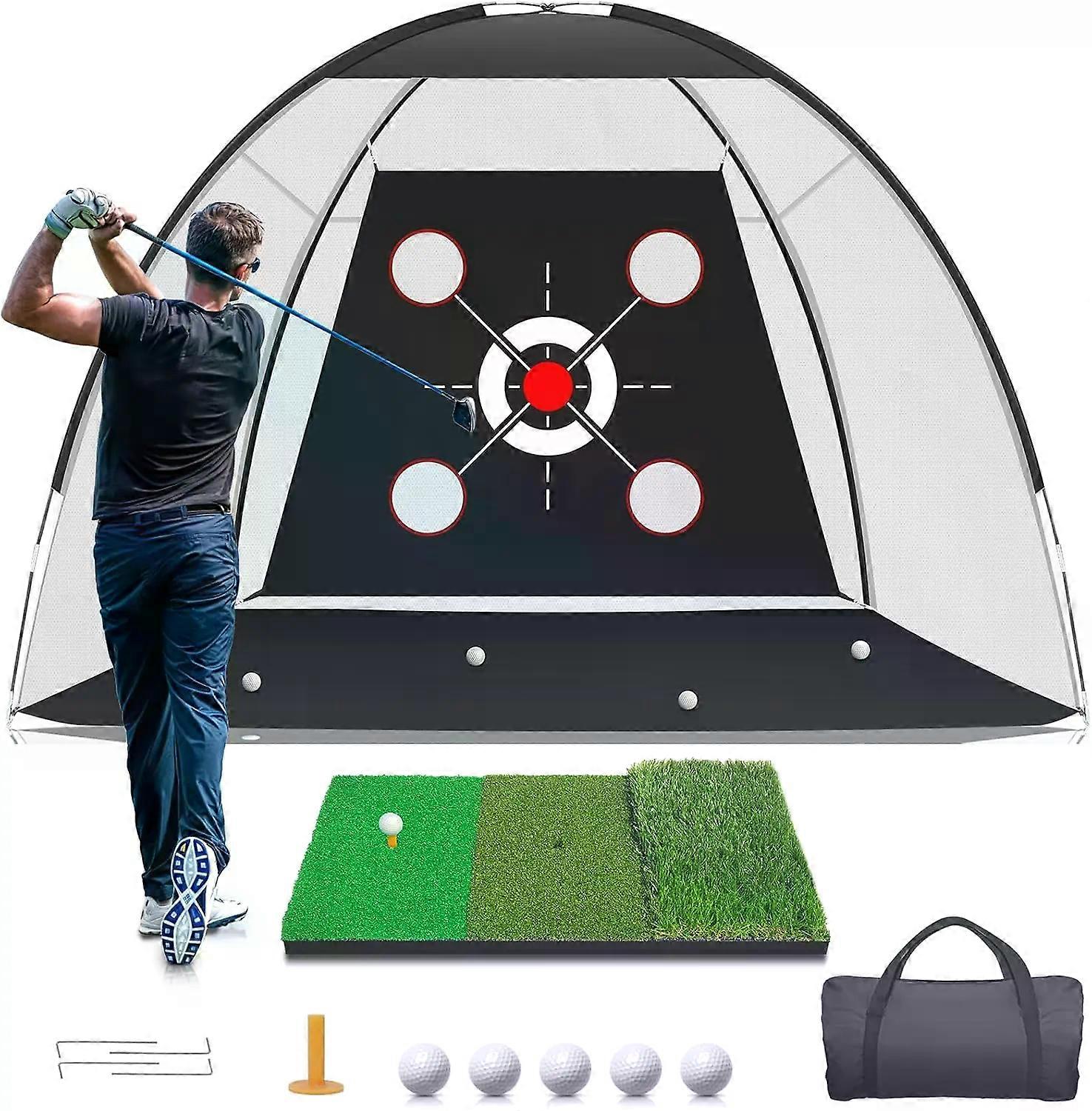 Portable Golf Hitting Net with Training Mat 10x7FT for Backyard Driving Chipping Practice Includes Target and Balls