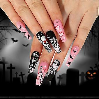 24 Pcs Halloween Press On Nails Set for Women, Long Coffin Fake Nails with Spider Web and Bat Designs