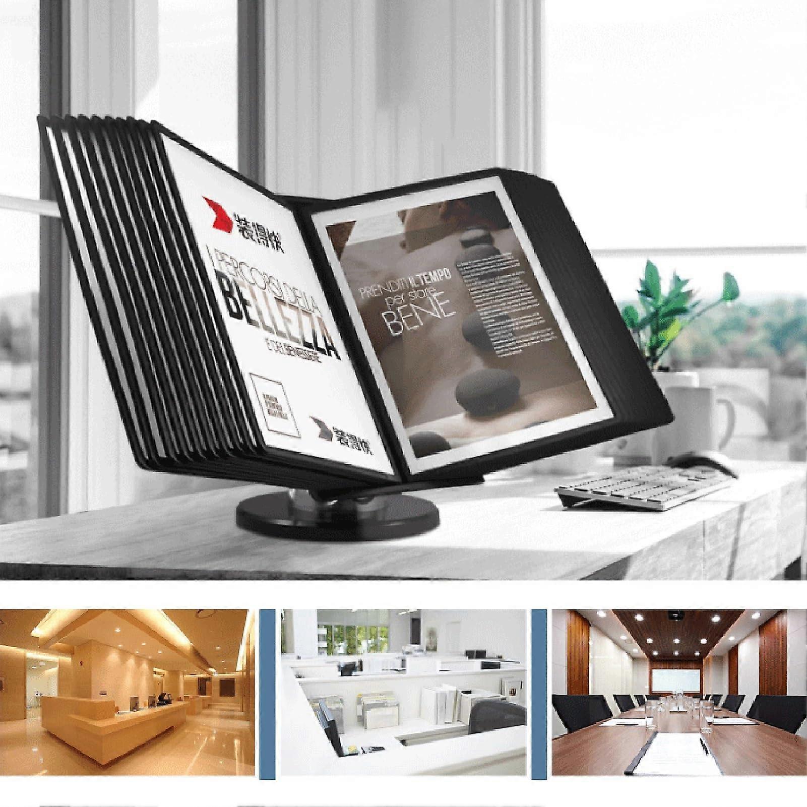 Rotating Desk Reference Organizer with 20 Pockets, Adjustable Flip File Stand for A4 Office Documents