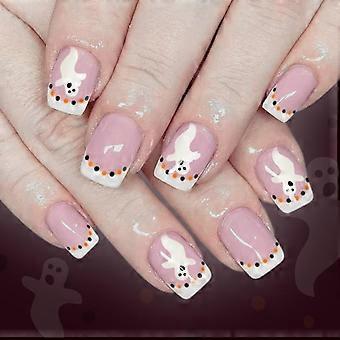 24Pcs Gothic Style White French Tip Faux Nail For Halloween ABS Material Press On Nail No Adhesive Required