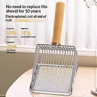 Metal Cat Litter Shovel with Comfortable Wood Handle Built-in Hook Portable Kitty Litter Sifter for Daily Cat Care