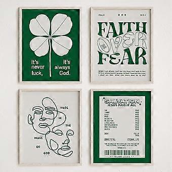 Four Leaf Clover Jesus Wall Art Prints, Set of 4 Boho Christian Scripture Quote Decor, 8x10 Inch Unframed
