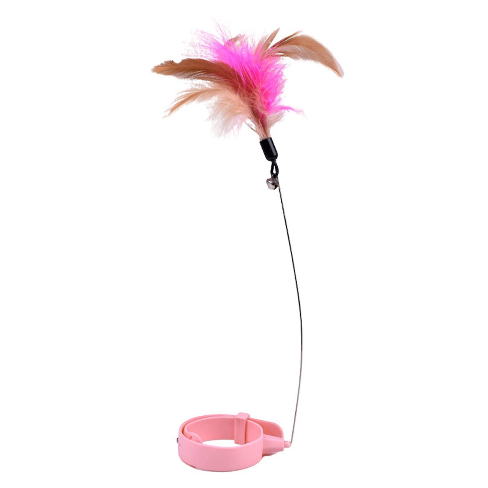 Cat Feather Collar Toys Adjustable Flexible Funny Interactive Cat Feather Wand Collar with Bell for Cat Indoor Play Pink 