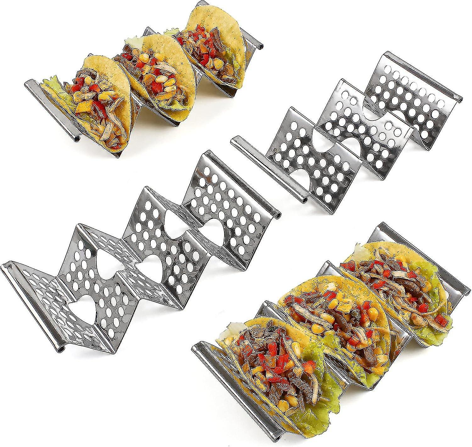 4 Pack Stainless Steel Taco Holders, Premium Taco Stands, Holds 2 Or 3 Tacos Each Taco Tray, Taco Rack With Easy-access Handle, Food Grade Taco Plate