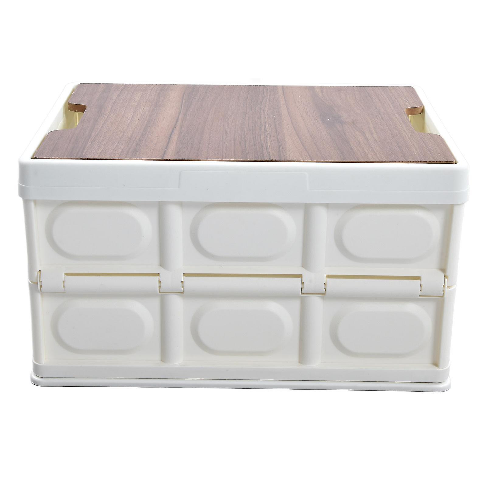 Foldable 30L Storage Crate with Wood Lid - Space-Saving Collapsible Box