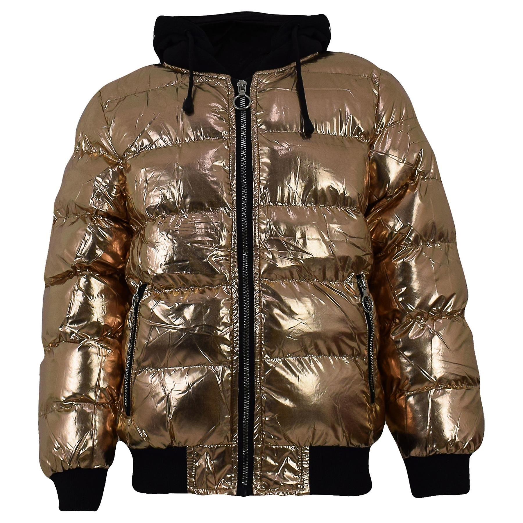 Unisex Gold Padded Jacket Metallic Wet Look Bubble Coat