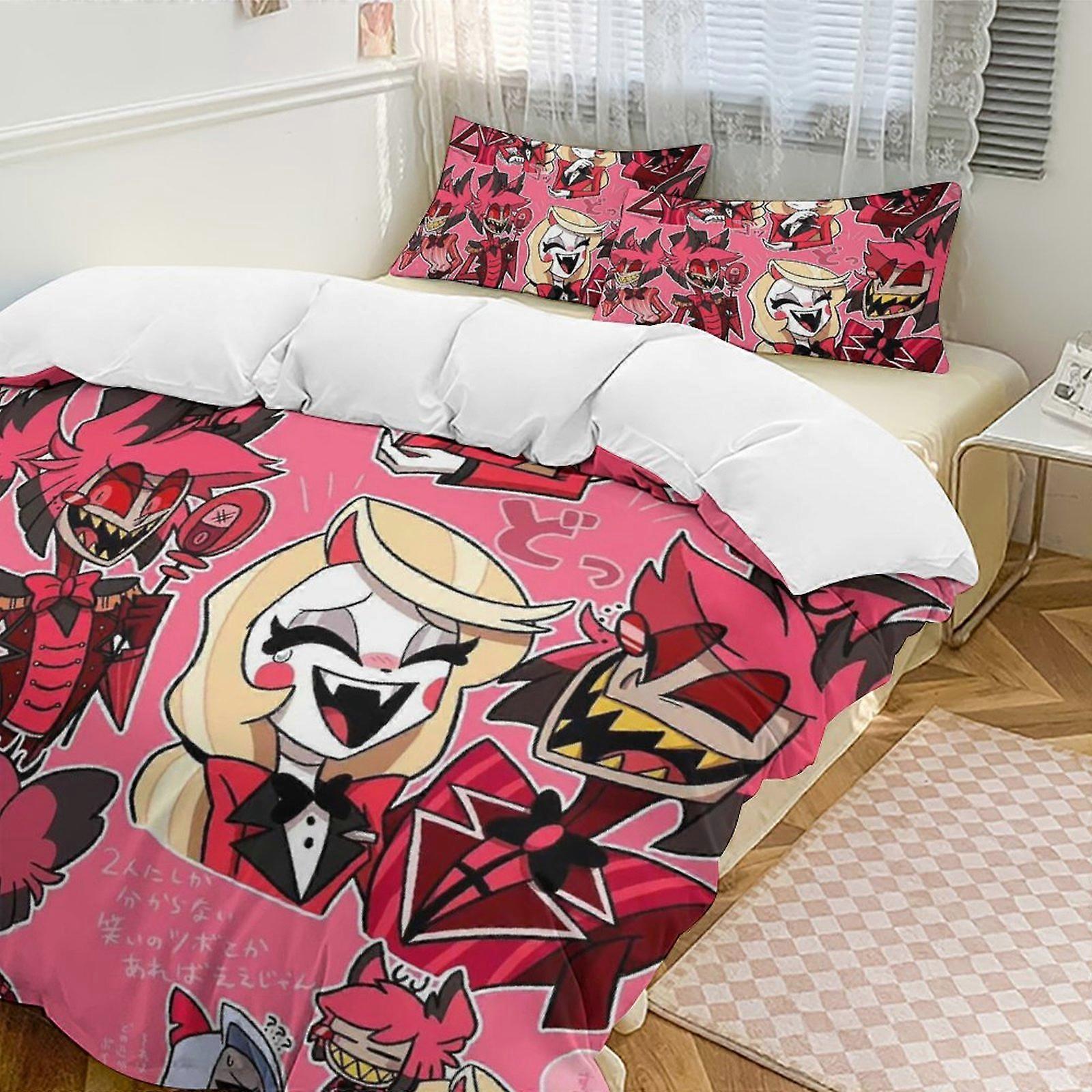 v843 Hazbin Hotel Conjunto de Cama Twin de 3 Peças - Inclui 1 Edredom de Solteiro e 2 Fronhas de Cama - Microfibra Resistente ao Desbotamento - Hazbin Hotel io843