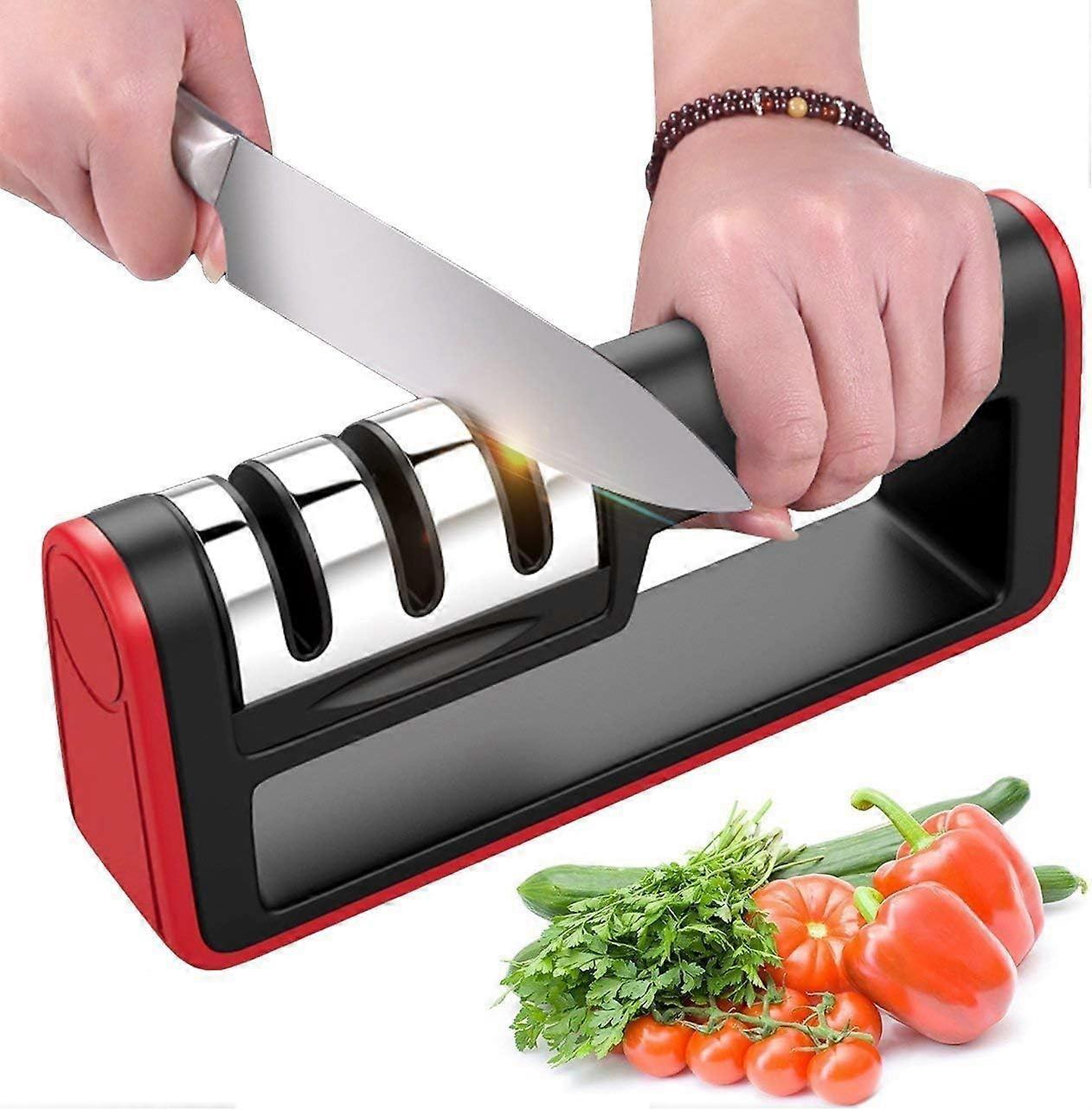 Manual Knife Sharpener, 3-in-1 Professional Kitchen Knife Sharpener Non-Slip Base Ergonomic Design for Household Knives of All Sizes