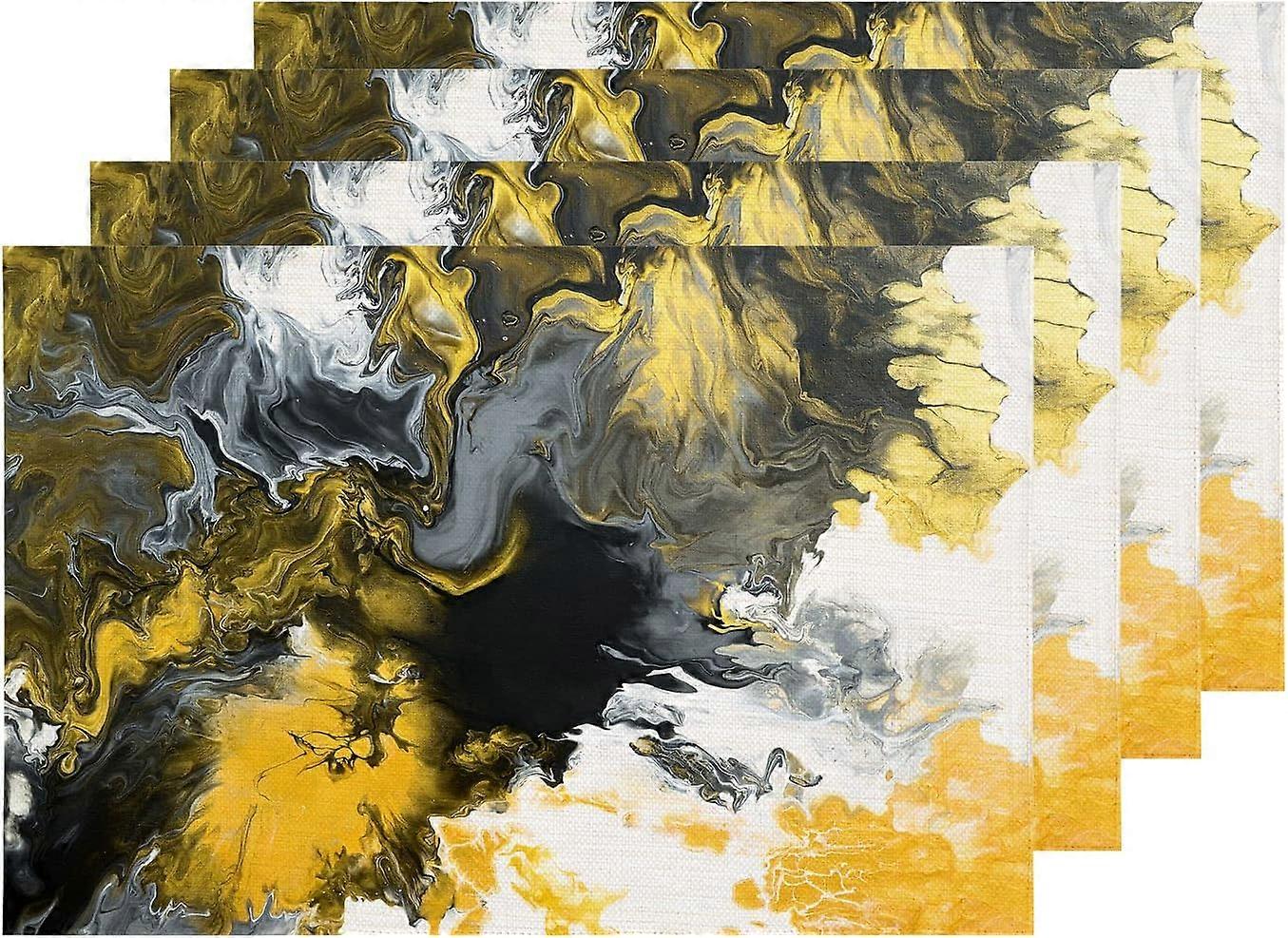 Yellow Abstract Water Pattern Placemats, Black Art Flowing Liquid Table Mat Linen Burlap Washable Double-Deck Heat Insulation for Dining Table Kitchen