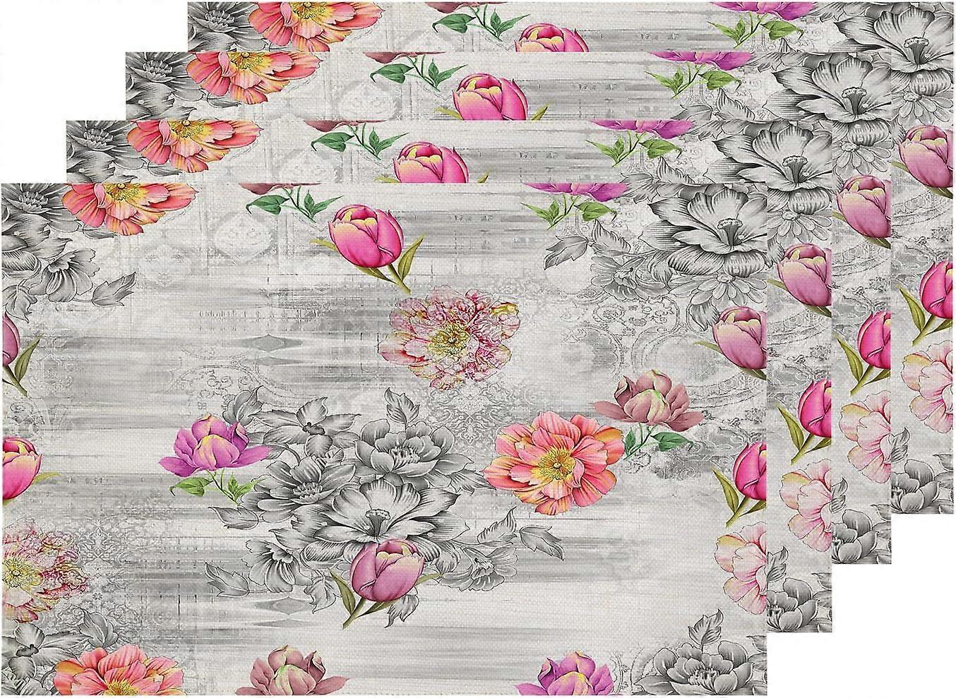 Floarl Placemats, Flower with Geometrical Grey Ground Table Mat Linen Burlap Washable Double-Deck Heat Insulation for Dining Table Kitchen Table Set o