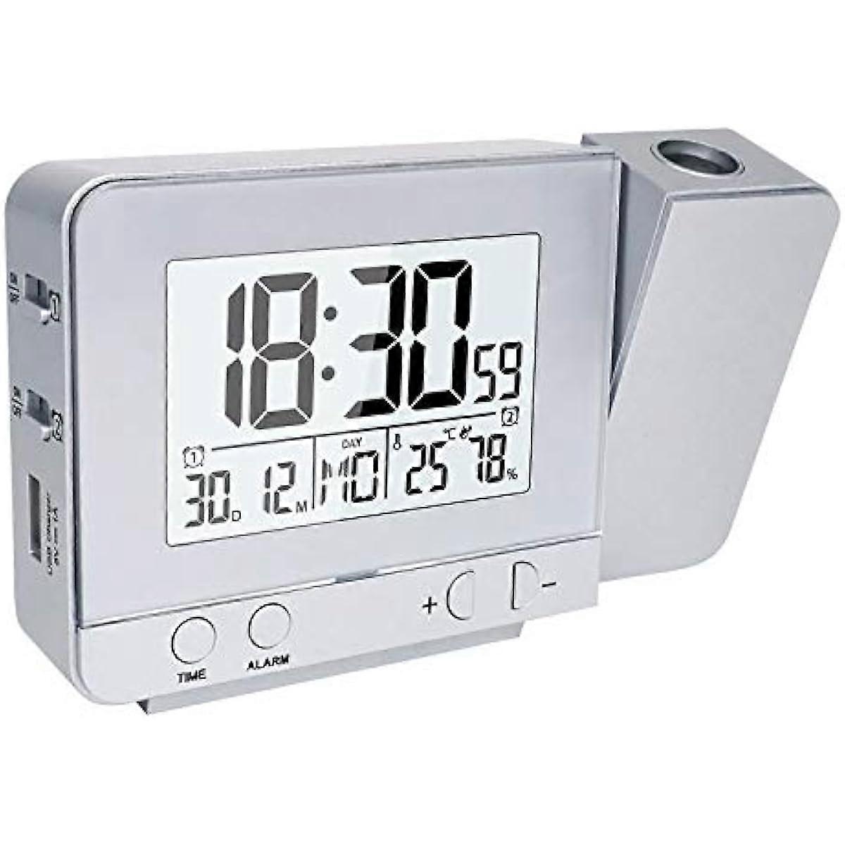 Projection Alarm Clock  Double Alarm with USB Charging Port  1224 Hours  Indoor Temperature  Date  Time Display with Adjustable Backlight (Silver)