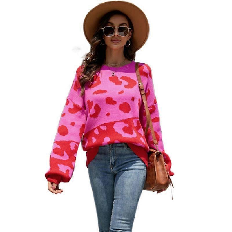 Women's Sweaters Casual Oversized Leopard Printed Crew Neck Long Sleeve Knitted Pullover Tops for Winter