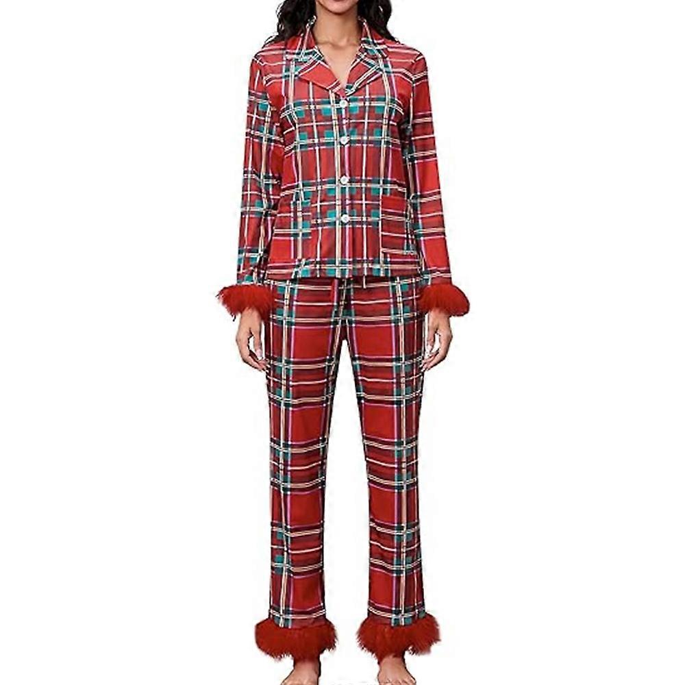 Damen Feder Trim Pyjama Set Langarm Button Up Top Hose 2 Stück Lounge Set Satin Pyjama Nachtwäsche