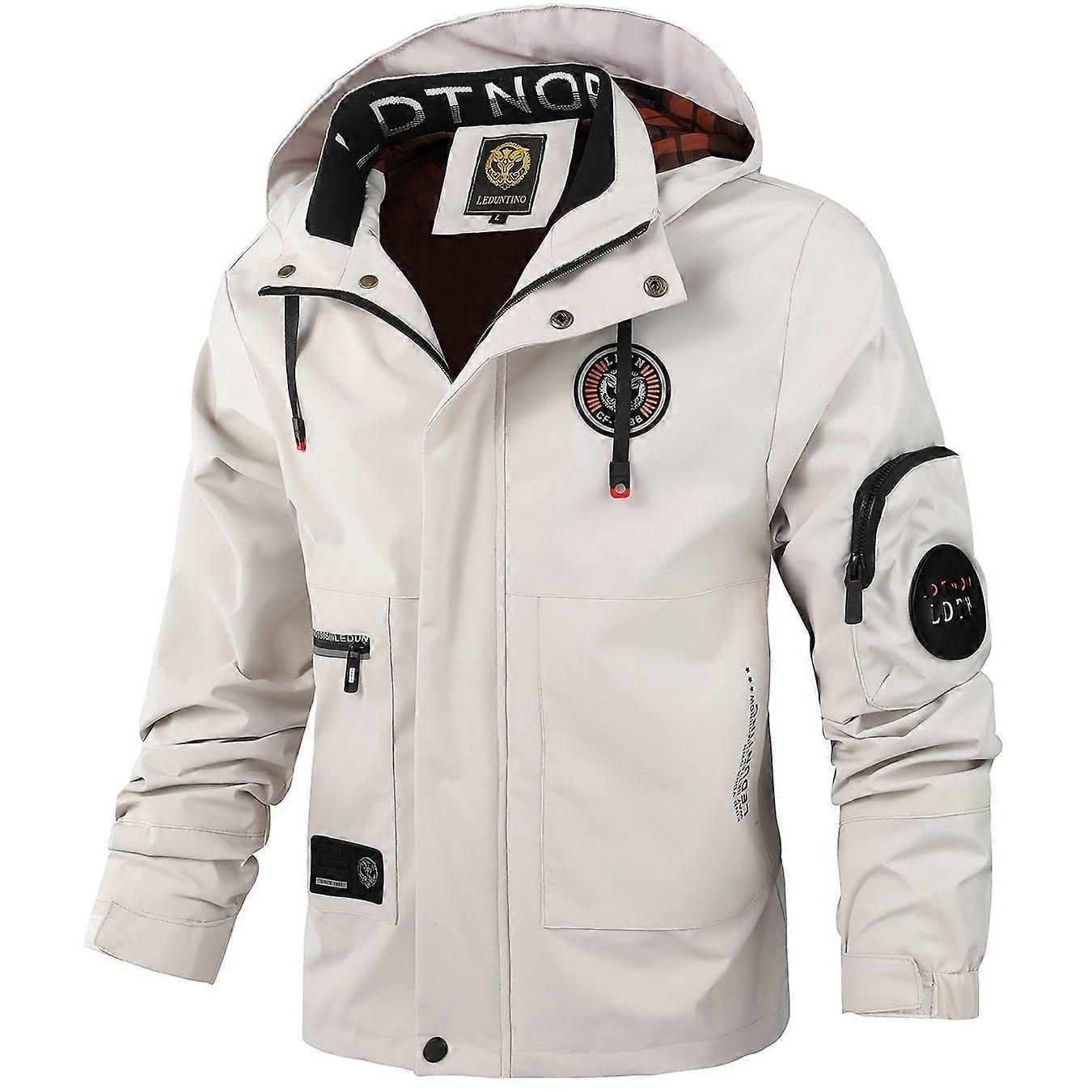 Long Sleeve Multiple Pocket Design Men's Embroidery Zip Up Drawstring Hooded Jacket with Stand Collar for Spring Outdoor