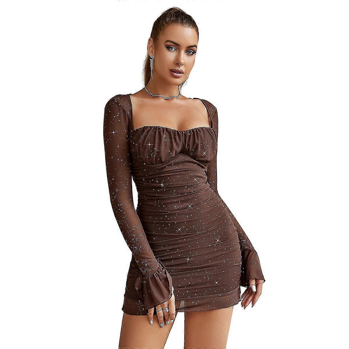 Sequin Backless Ruffled Sleeves Underwire Mesh Bodycon Mini Dress  TA