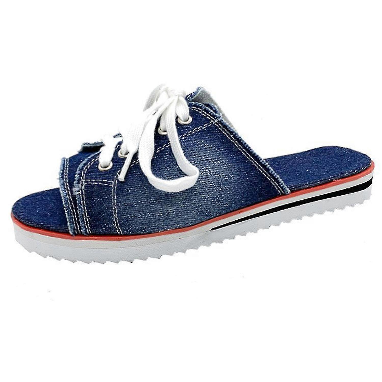 Womens Denim Open Toe Flat Slippers Summer Casual Lace Up Non-Slip Lightweight Comfortable Platform