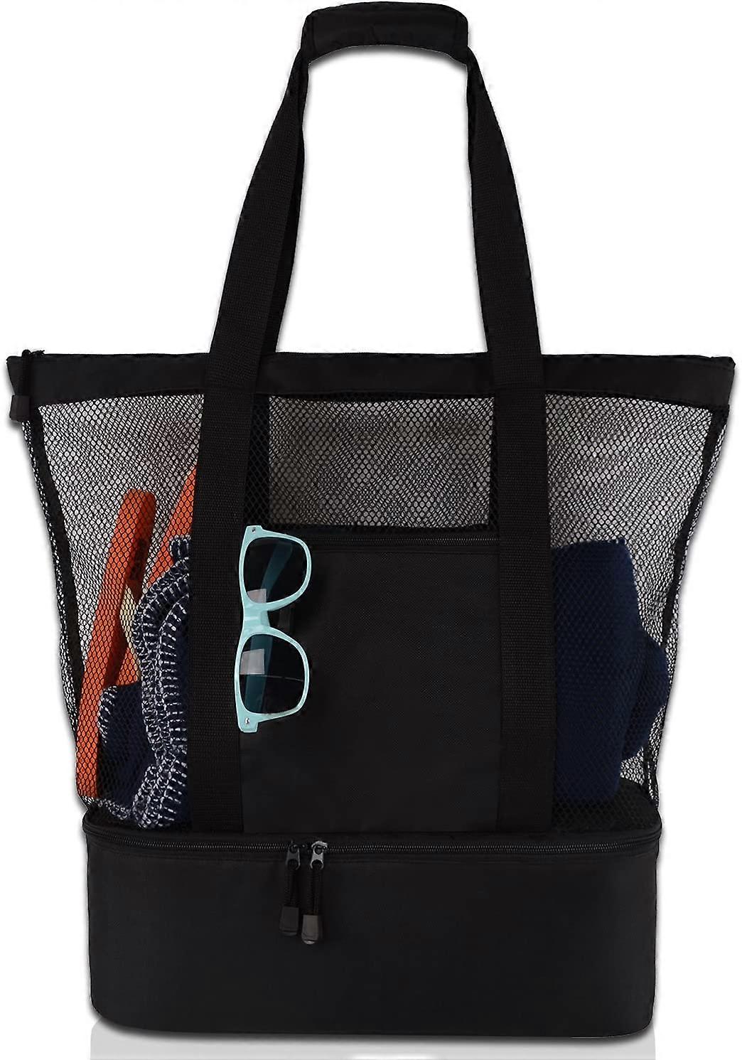 Mesh Beach Tote Bag with Insulated Cooler Compartment, Extra Large Pool Picnic Cooler Bag with Zipper Closure, Top Handle Beach Handbag for Women,Blac