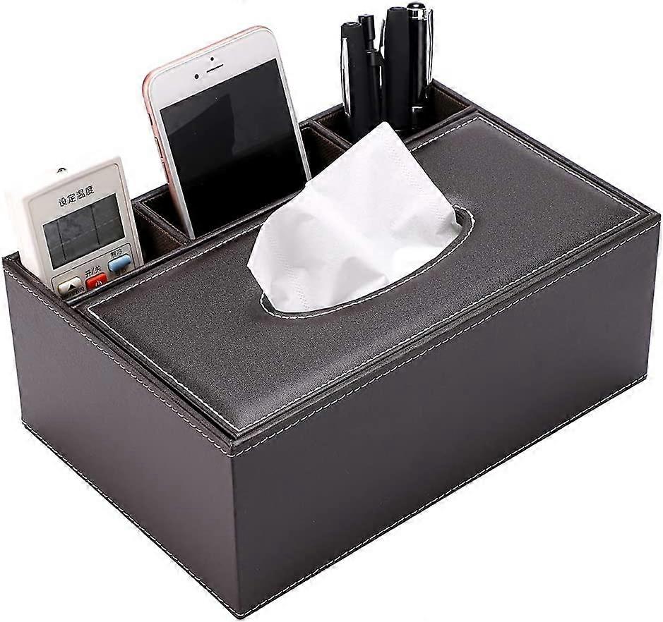 PU Leather Rectangular Tissue Box Cover - Multifunctional Tissue Box Holder with Stationery Remote Control Box, Decorative Tissue Pen Remote Organizer
