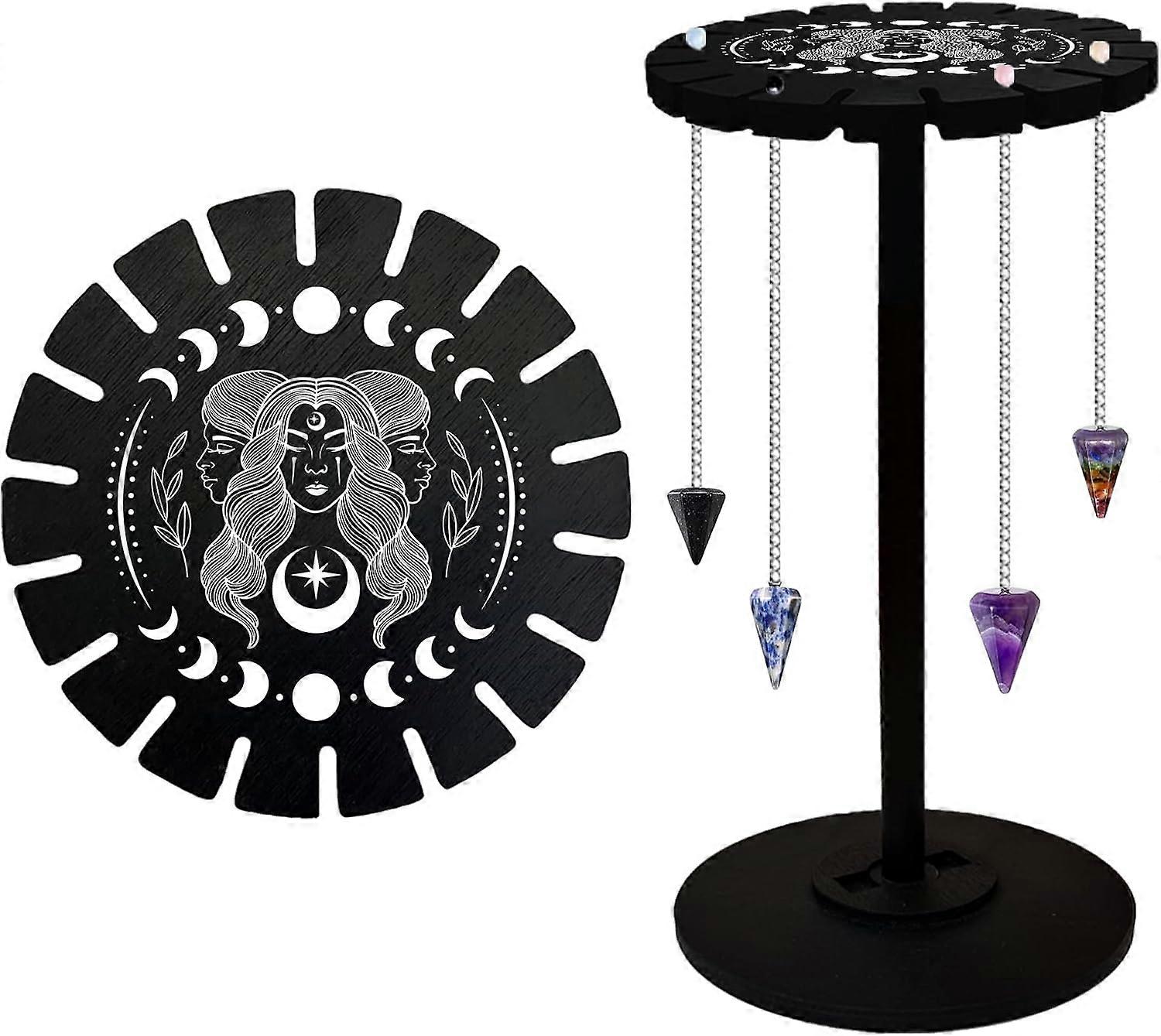 Goddess Pendulum Stand Crystal Display Shelf Black Wooden Divination Dowsing Wheel Pendulum Holder Witch Stuff Crystal Shelf Display for Stone Necklac