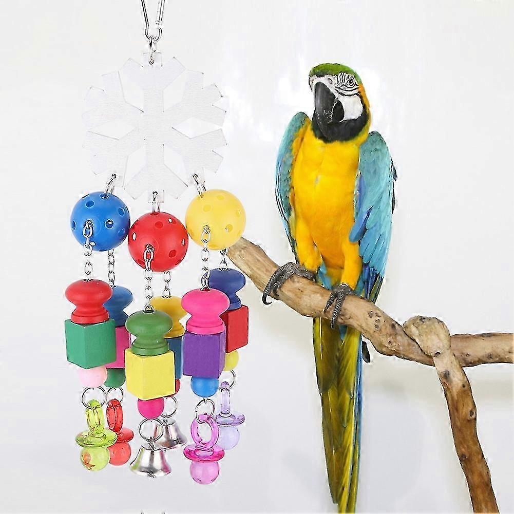 Bird Wooden Christmas Snowflake Pendant Hanging Swing Parrots Chewing Biting Playing Toy Cage Access