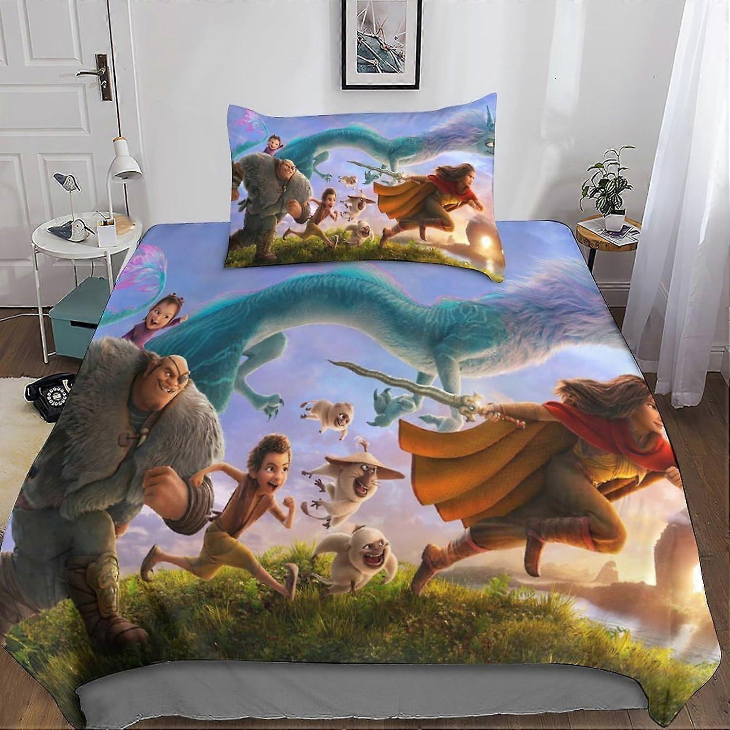Raya and the Last Dragon Sängkläder Set Filmpåslakan med örngott 3D-tryckta mikrofibersängkläder, för vuxna Barnflickor med dragkedja 2 st