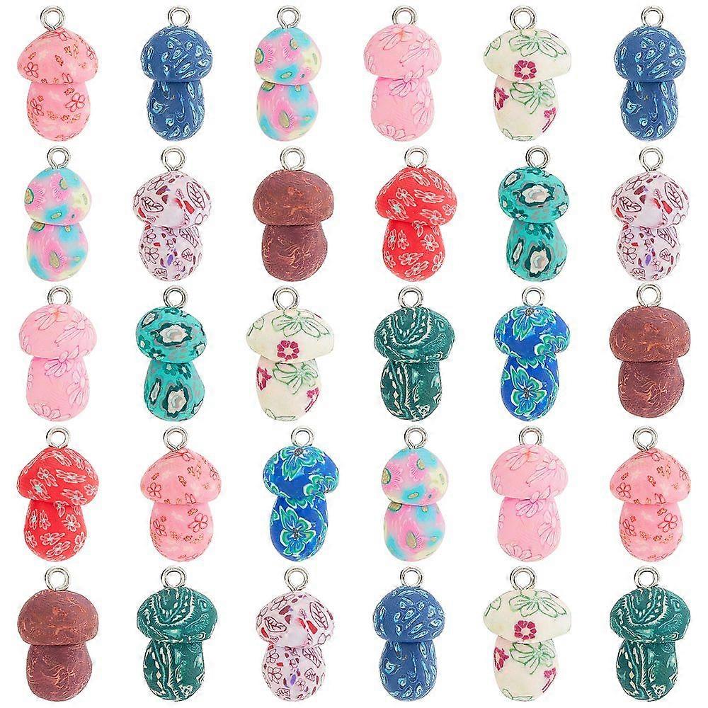 Handmade Polymer Clay Pendants with Platinum Tone Iron Loop 3D Mushroom Mixed Color 19~22x12~13.5mm Hole: 2mm 30pcs/box