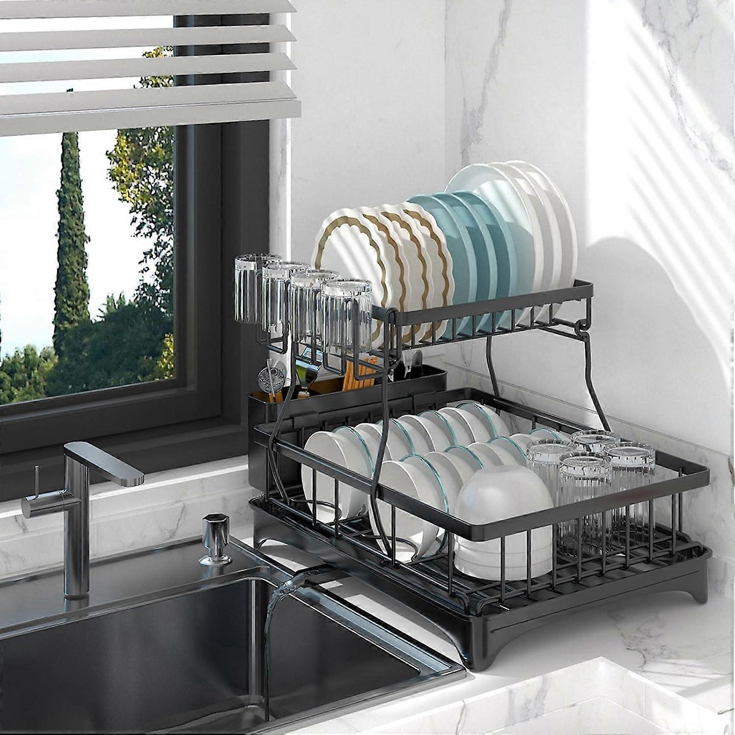 2-Tier Dish Drying Rack with Drainboard, Detachable Stainless Steel Design for Kitchen Organization and Space Saving