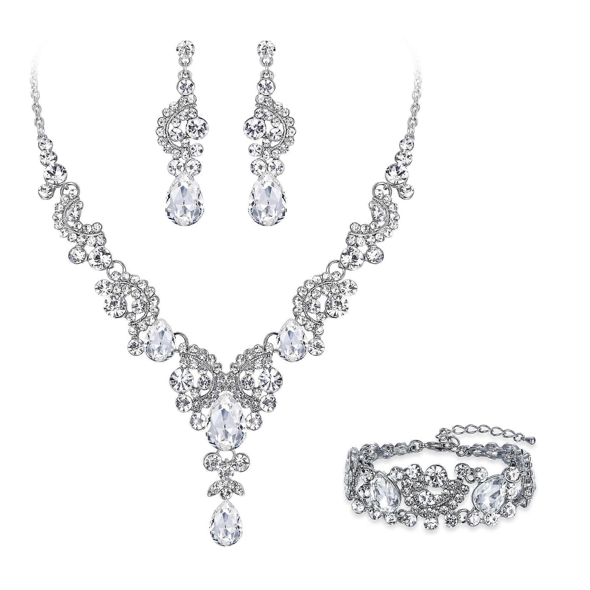 Rhinestone Crystal Art Deco Floral Wave Teardrop Jewelry Set for Brides